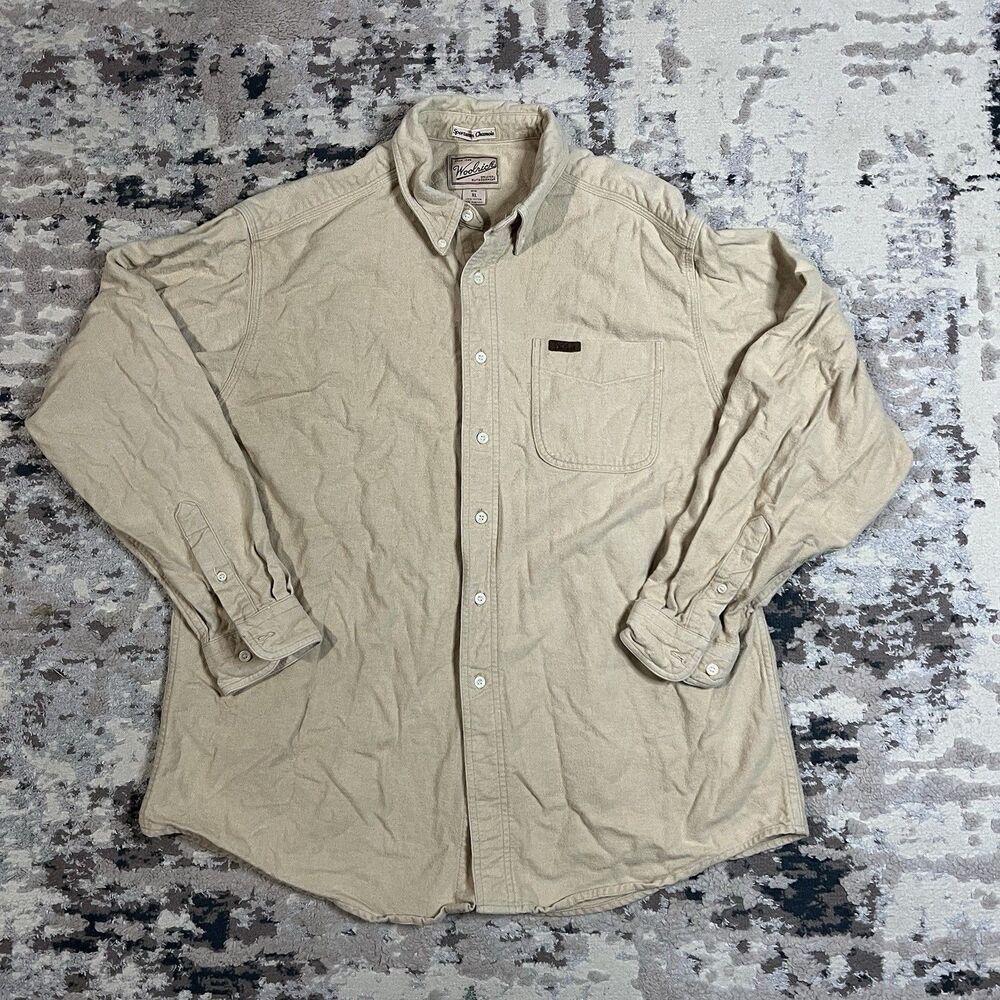 VINTAGE Woolrich Sportman Chamois Cloth Shirt Size XL Beige Cotton Button Up